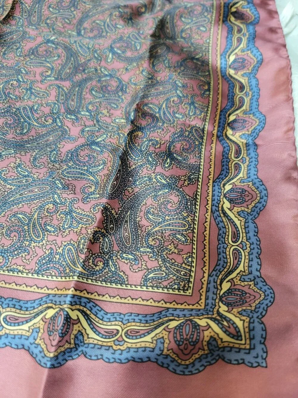 Vintage 100% Silk Paisley Square Scarf Mauve Rose Blue Gold Old Money Chic